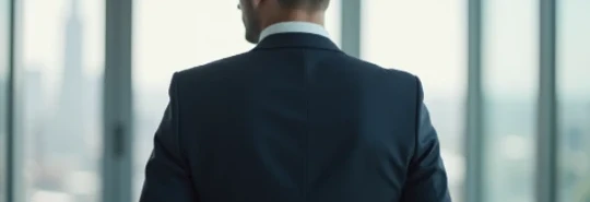 A legal professional looking out a London office window