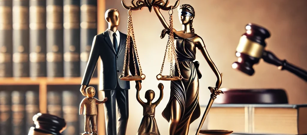 Family law solicitor consulting a mother and child at a law office