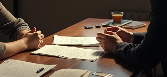 A person preparing an asylum application with supporting documents